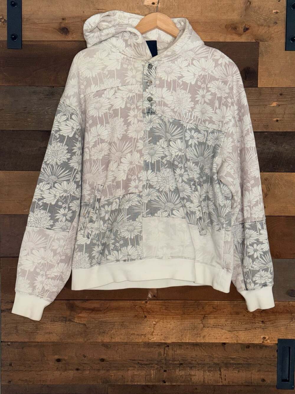 Kith Floral Patchwork Quinn Henley Hoodie White/Tan Medium